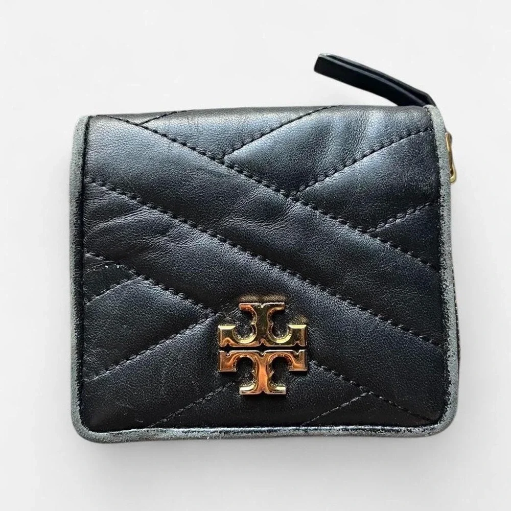 Tory Burch Kira Chevron Bi-Fold Wallet Black Quilted Leather Gold Hardware